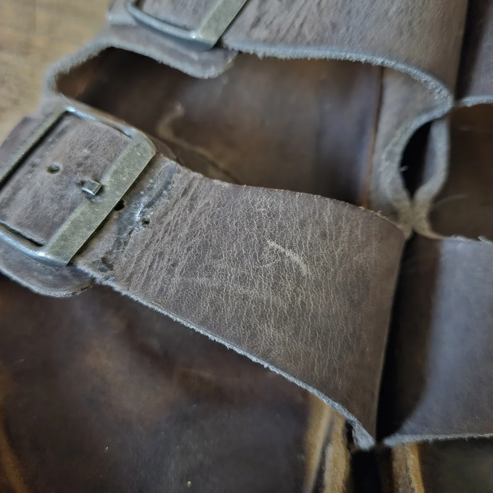 Birkenstock gray brown leather slippers slides sandals - Picture 6 of 16